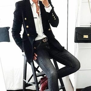 Zara black tweed blazer with gold buttons XS